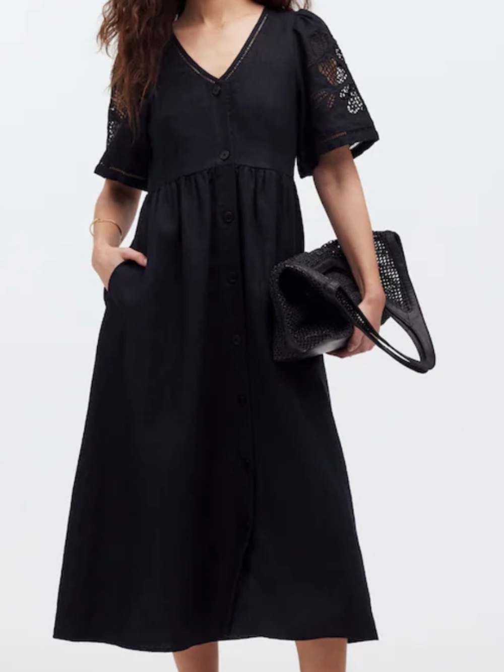 NWT Madewell Black Cassie Button-Front Midi Linen Dress with Pockets Size Small